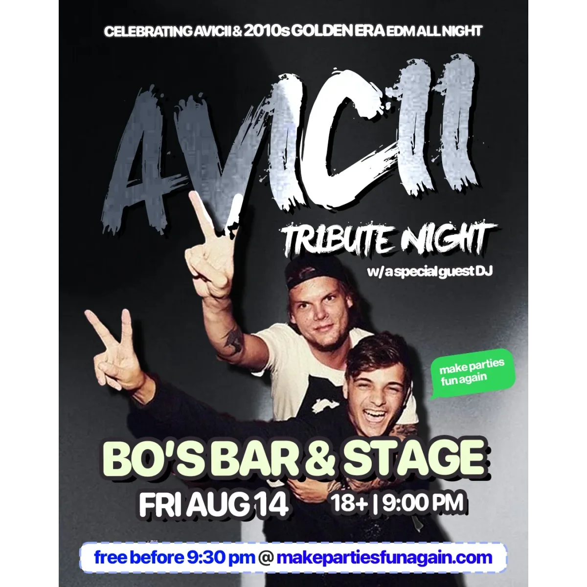Avicii Night - 2010s EDM @ Bo's Bar & Stage Red Deer event artwork
