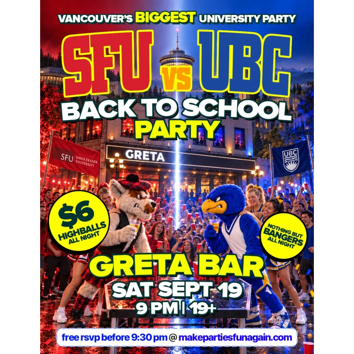 SFU vs UBC Back To School Party @ Greta Vancouver event artwork